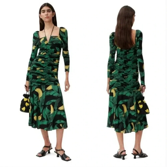 Ganni Dress Long Sleeve Ruched Midi Ruffle Floral Banana Leaf Black Size XL / 44 - Picture 1 of 13